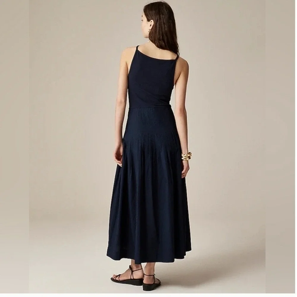 J. Crew NWT Pintuck Mixy Dress Navy Blue Square Neck Midi Pleated Waist Size M